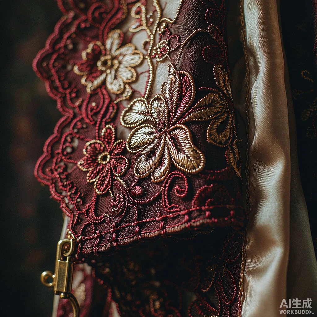 手工车缝的酒红蕾丝扇贝边与黄铜扣件特写