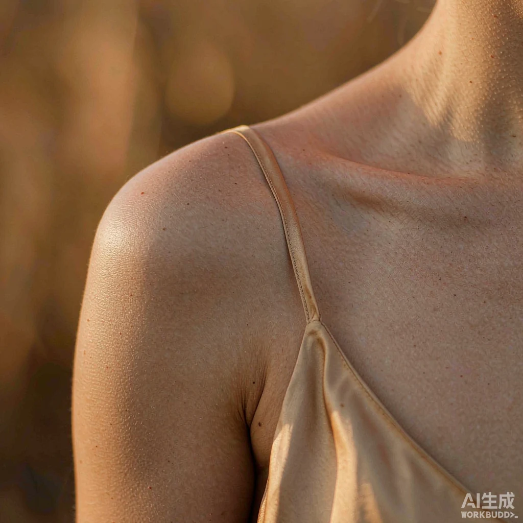 暖金色午后光线下，女性的肩线与锁骨，香槟色真丝肩带自然垂落
