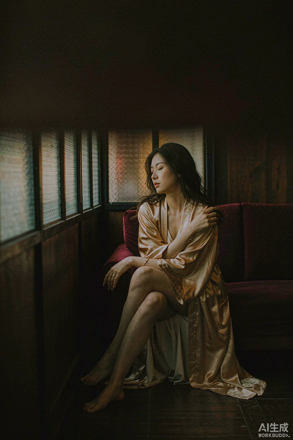 窗边的女性，松弛地靠坐着